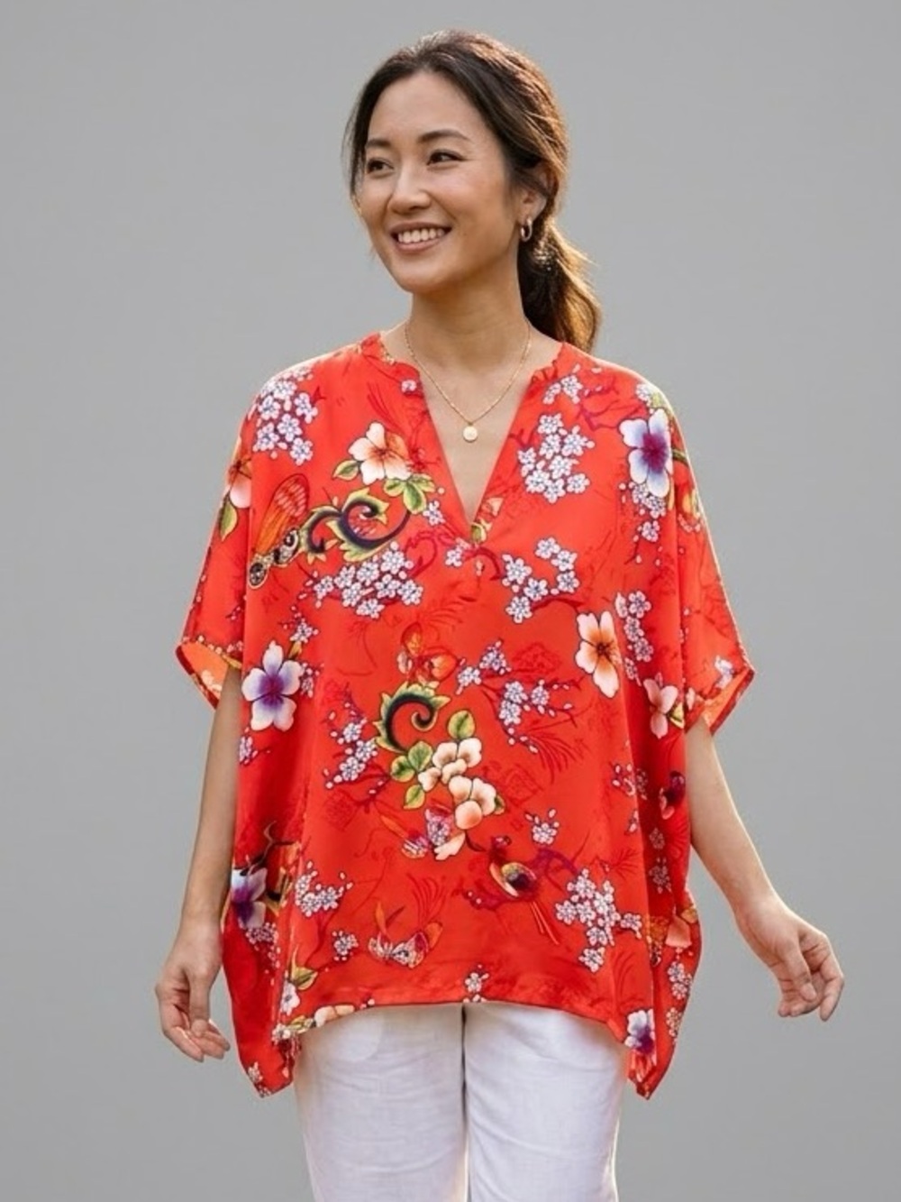 𝅺N  Natori Red Printed Short Kaftan Tunic Top Size XL